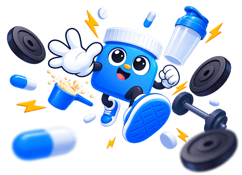 Mascote Suplio correndo com suplementos e halteres
