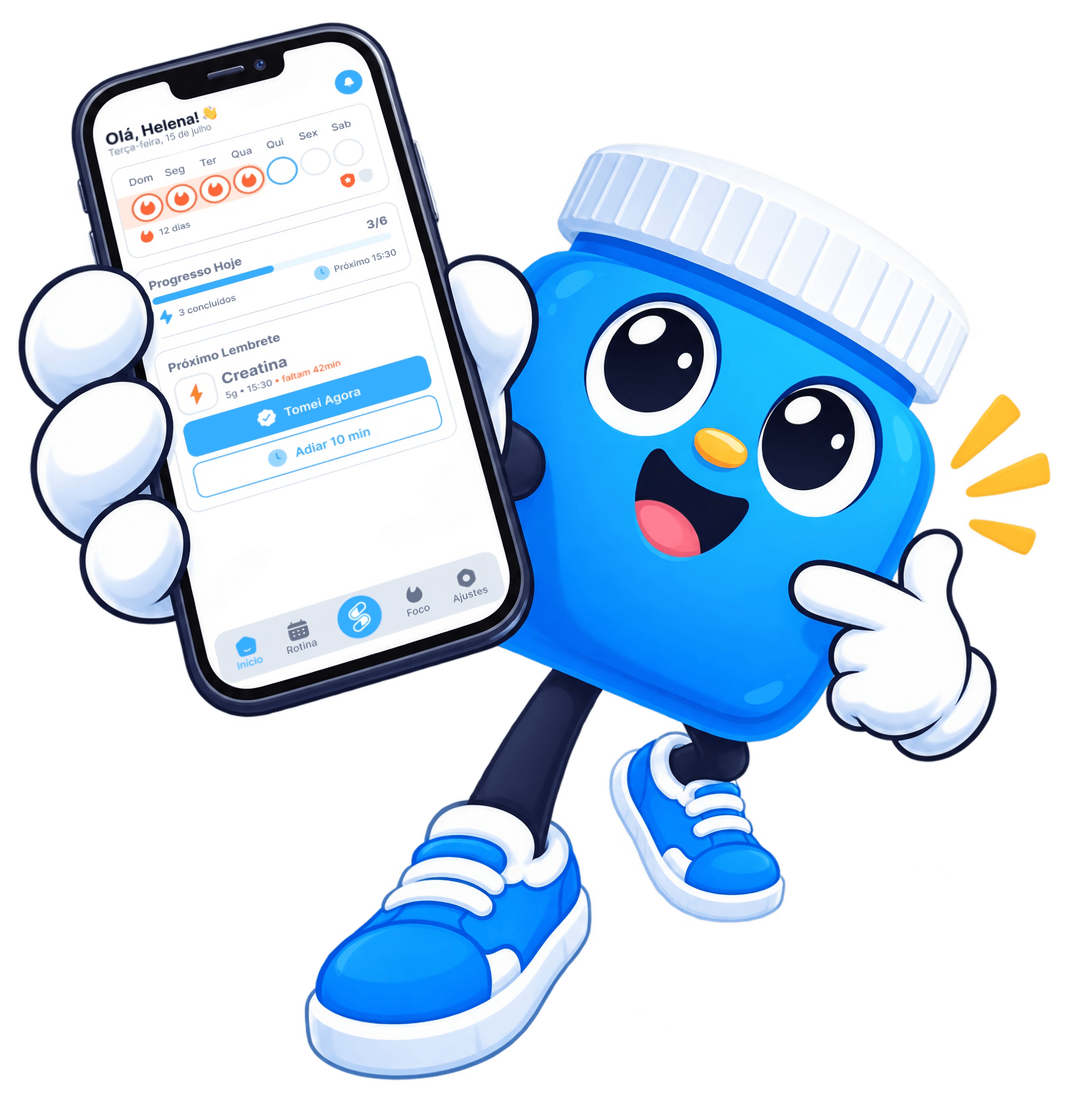 Mascote Suplio segurando o iPhone com o app de lembrete