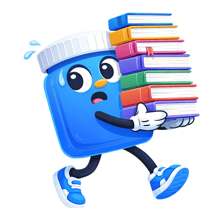 Mascote Suplio carregando pilha de livros sobre suplementos